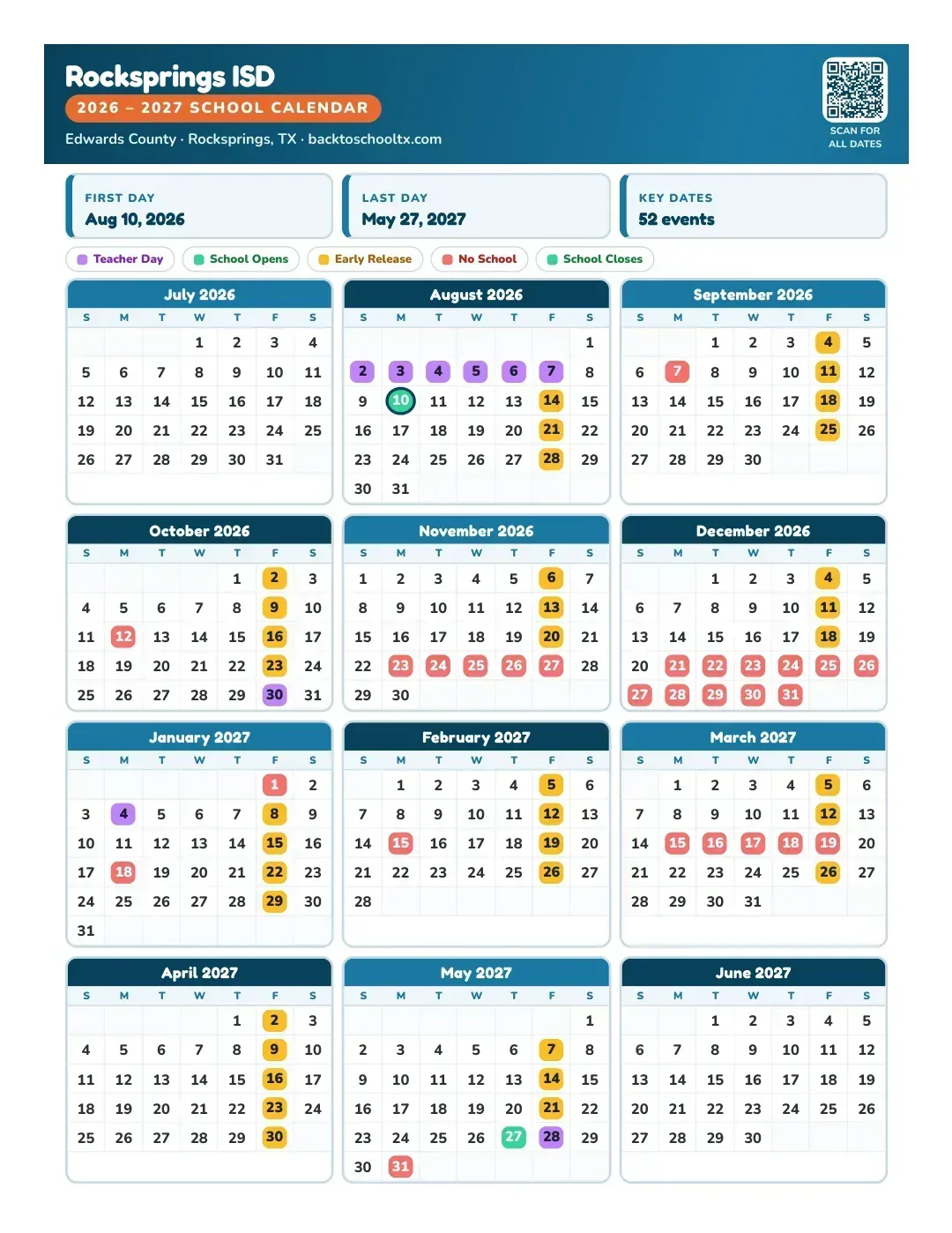 Rocksprings ISD Calendar for the Year 26-27