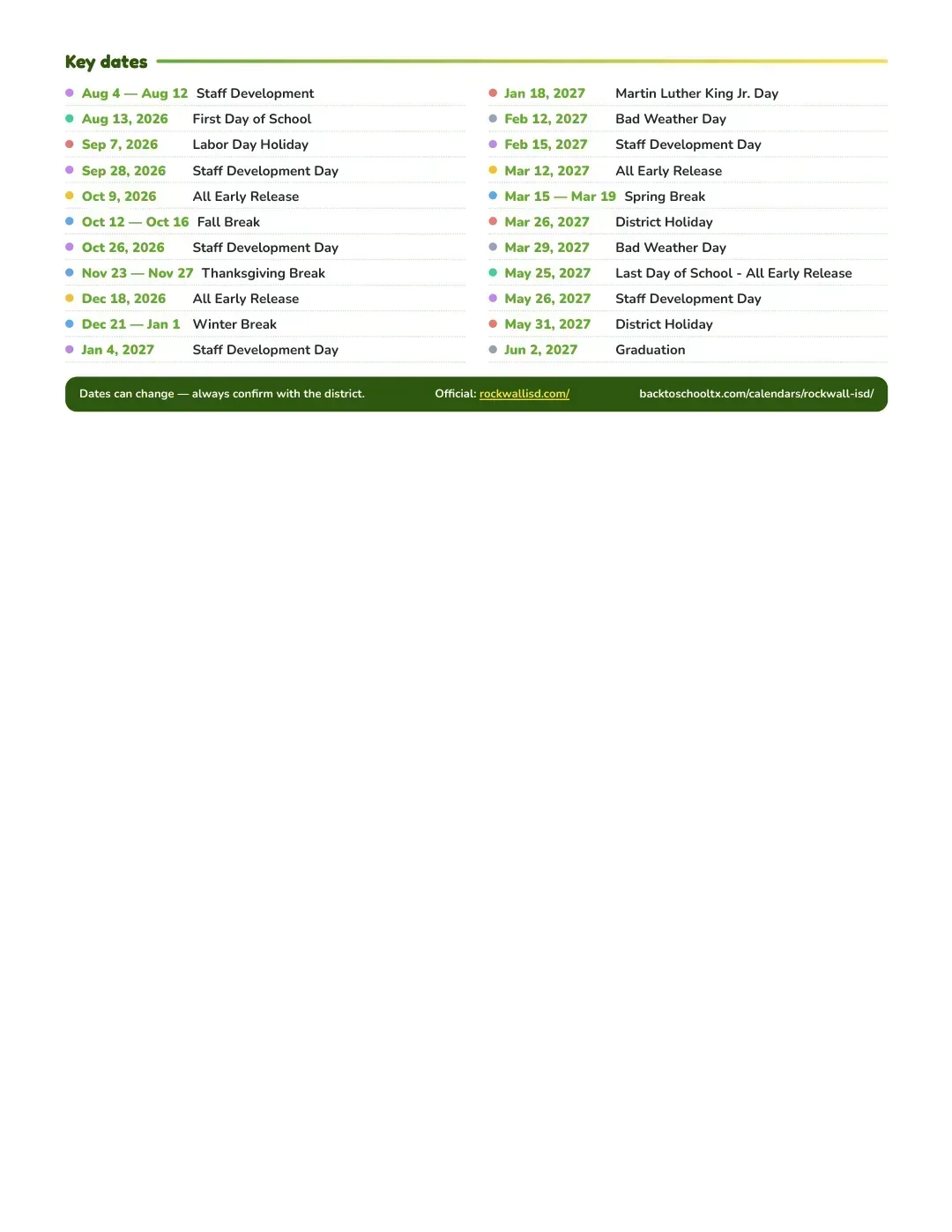 Rockwall ISD Calendar for the Year 26-27 — key dates