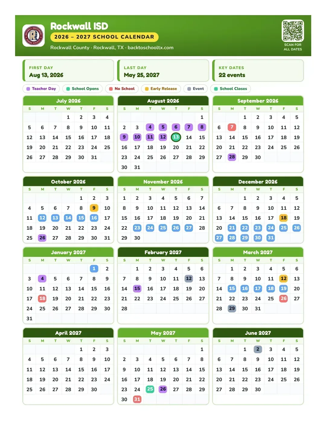 Rockwall ISD Calendar for the Year 26-27