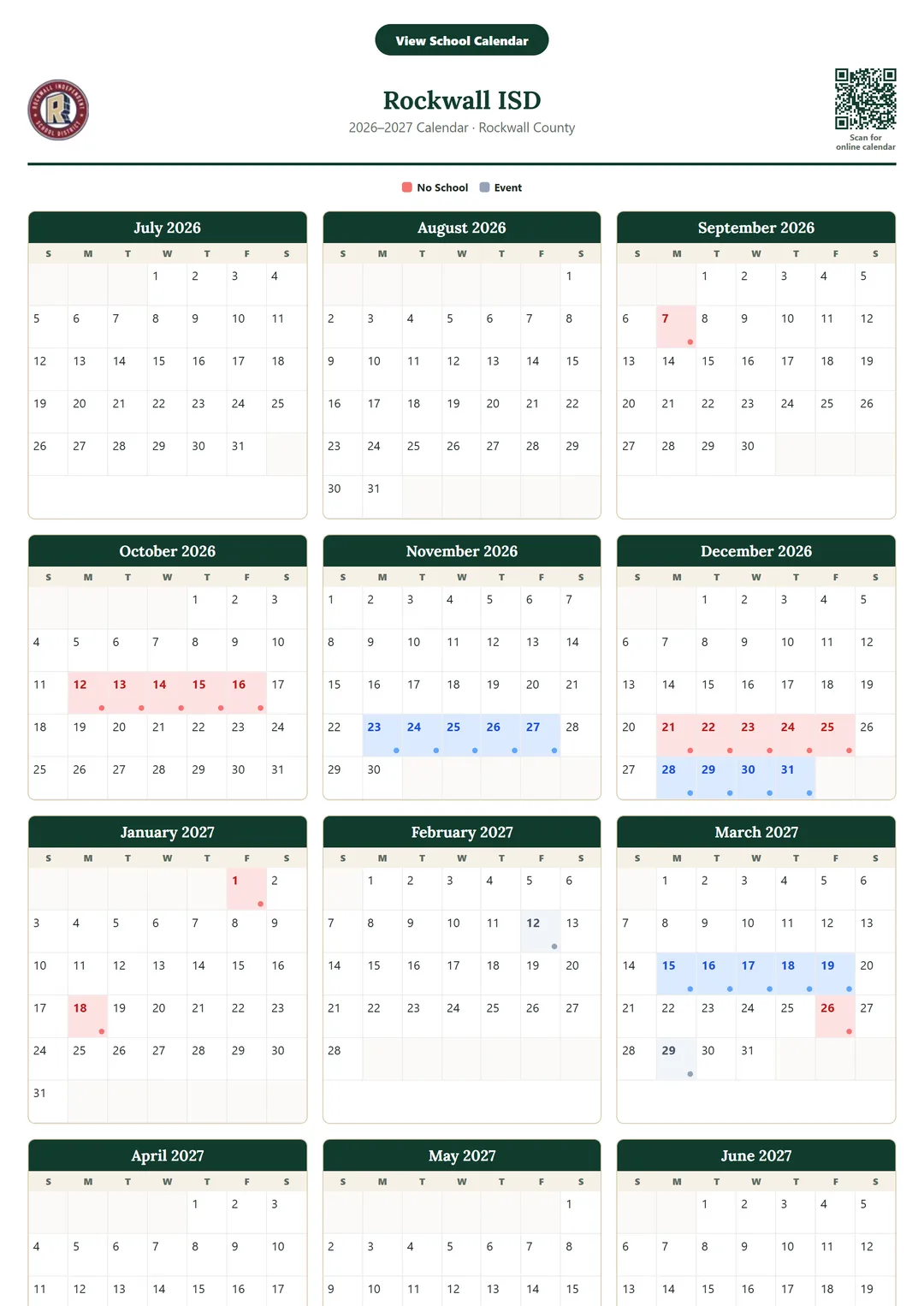 Rockwall ISD printable 2026–2027 calendar