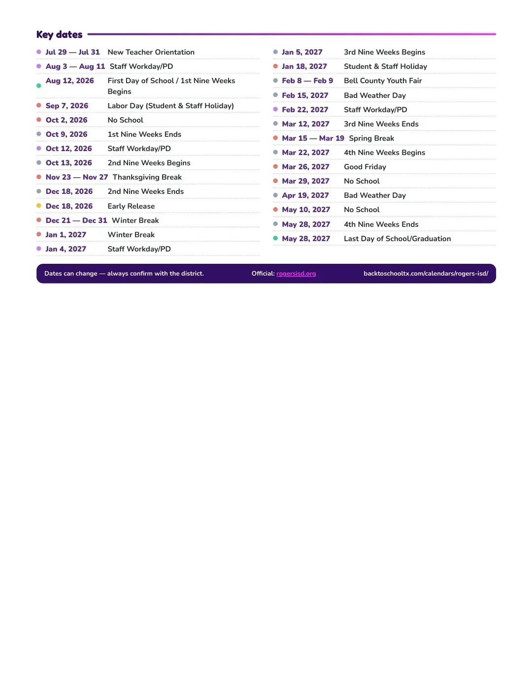 Rogers ISD Calendar for the Year 26-27 — key dates