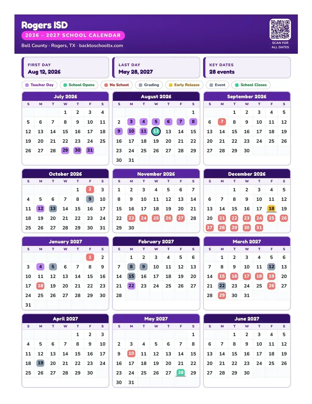 Rogers ISD Calendar for the Year 26-27