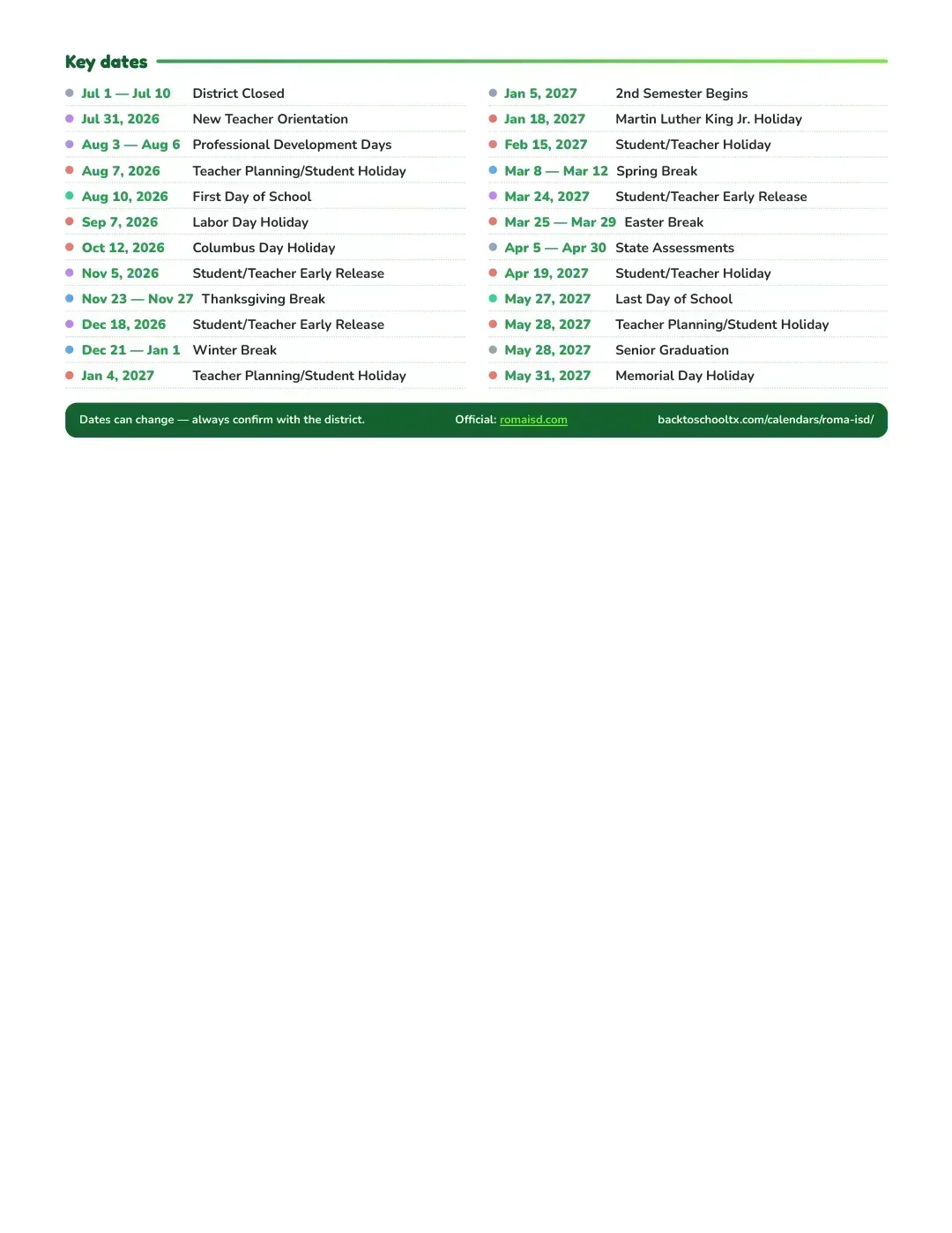 Roma ISD Calendar for the Year 26-27 — key dates