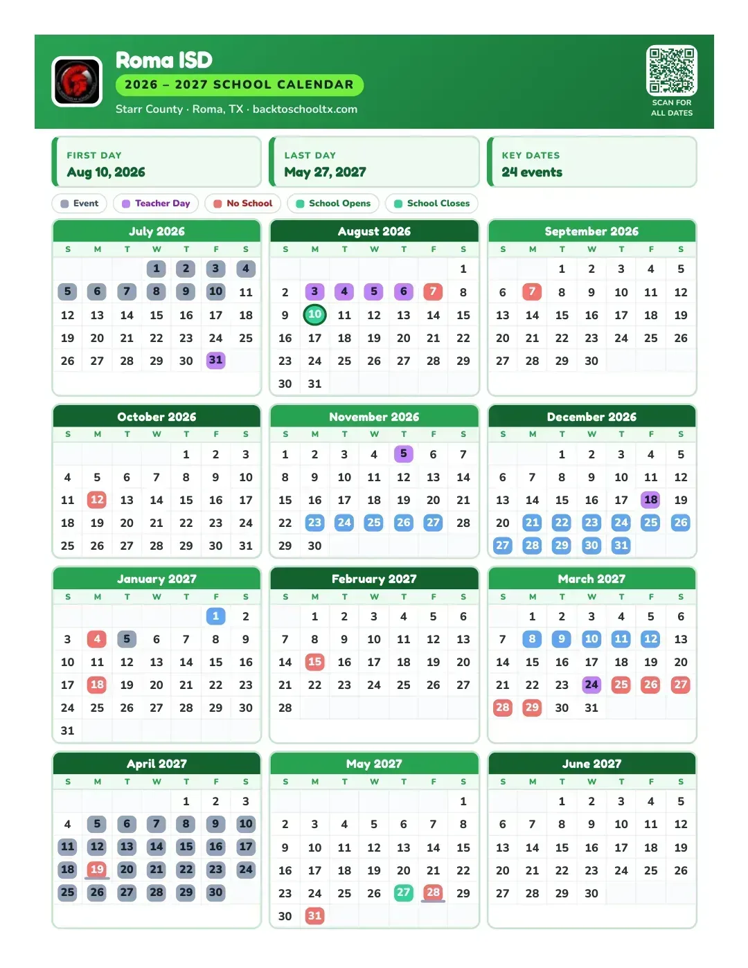 Roma ISD Calendar for the Year 26-27