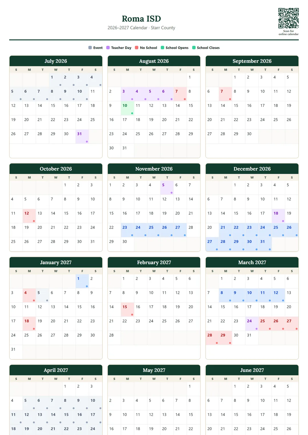 Roma ISD printable 2026–2027 calendar