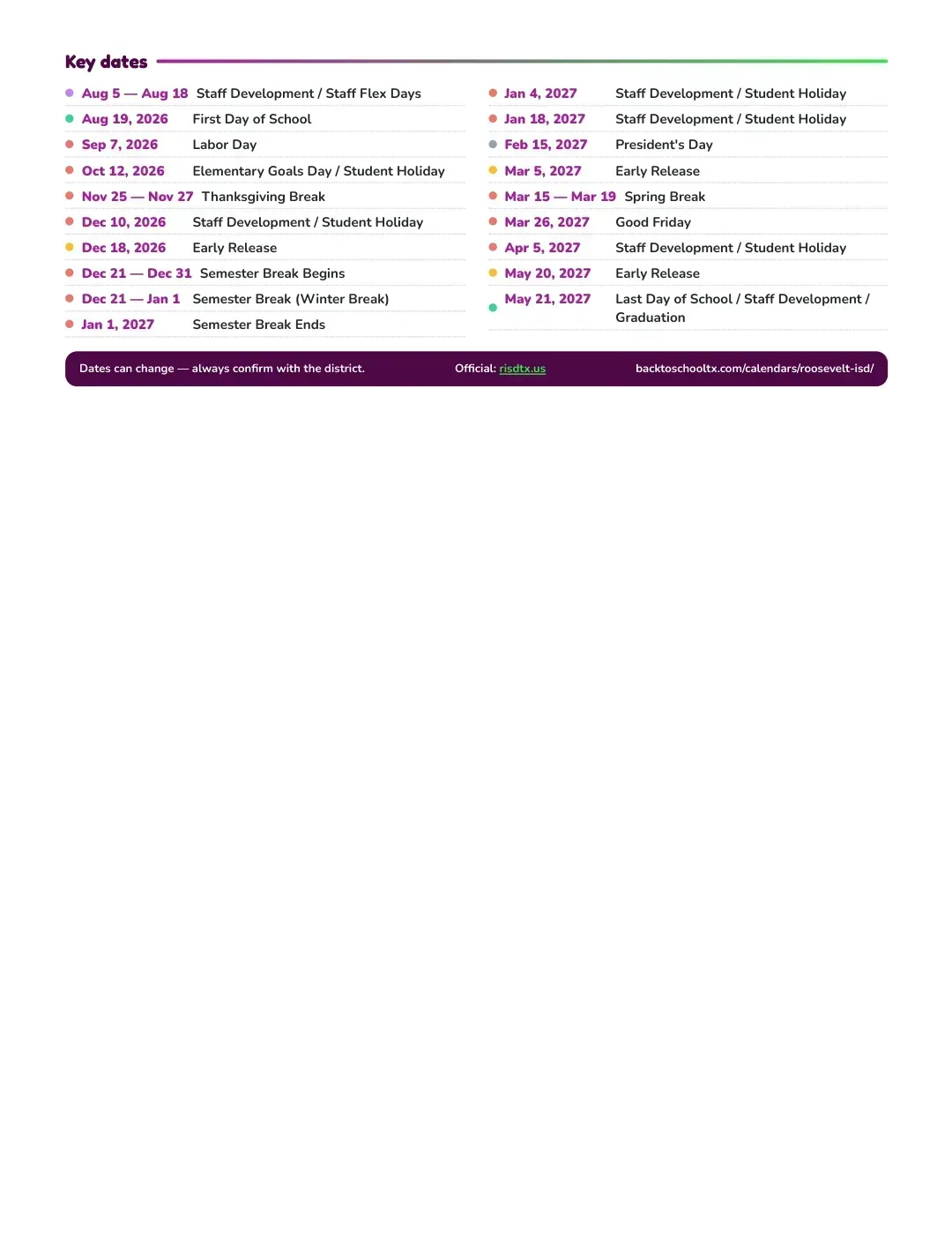 Roosevelt ISD Calendar for the Year 26-27 — key dates