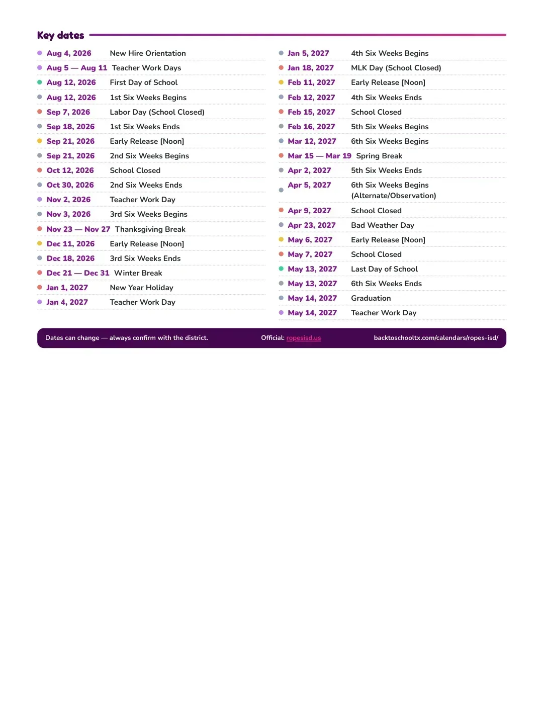 Ropes ISD Calendar for the Year 26-27 — key dates