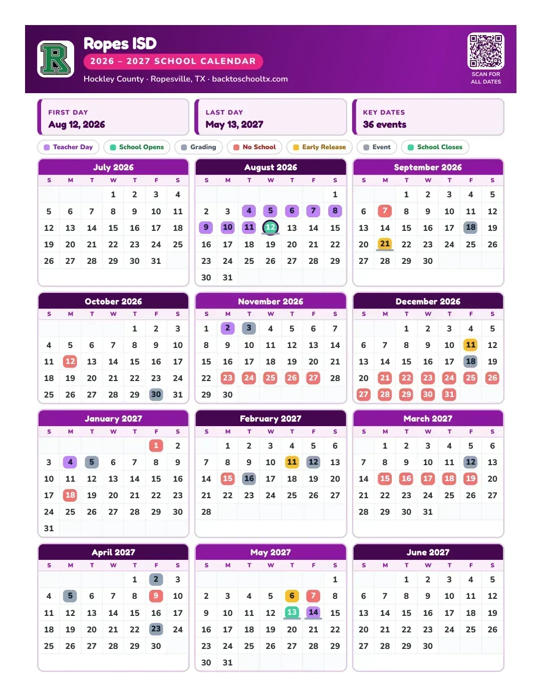 Ropes ISD Calendar for the Year 26-27