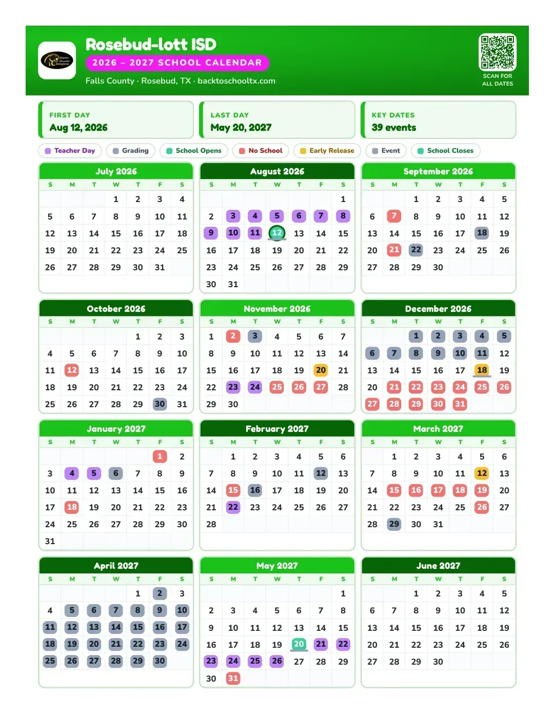 Rosebud-lott ISD Calendar for the Year 26-27