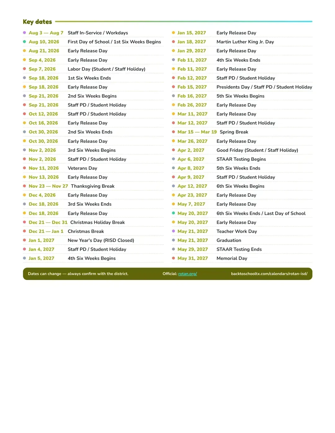 Rotan ISD Calendar for the Year 26-27 — key dates