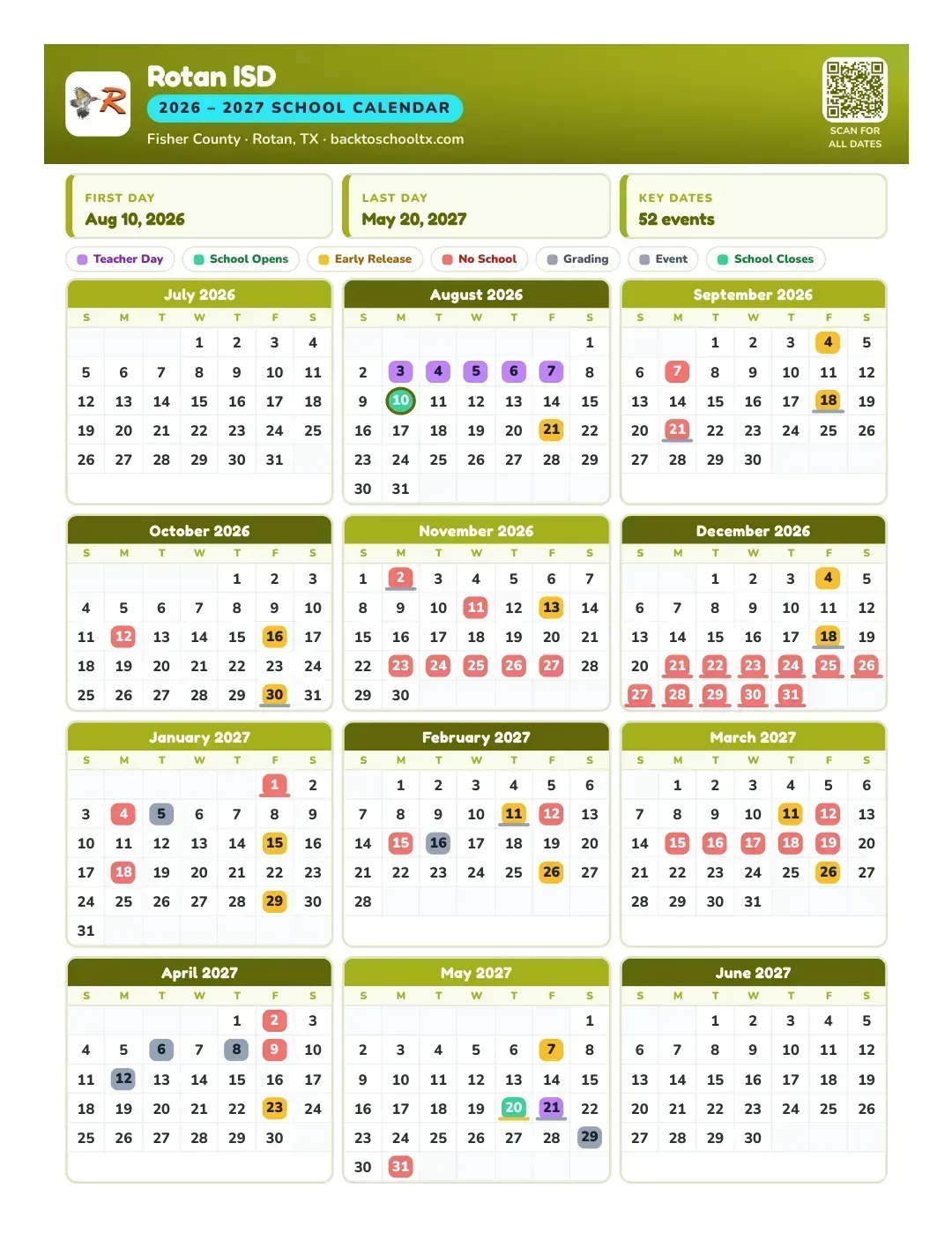 Rotan ISD Calendar for the Year 26-27