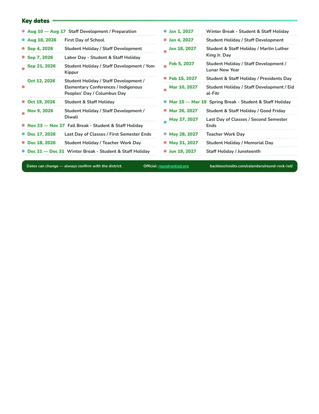 Round Rock ISD Calendar for the Year 26-27 — key dates