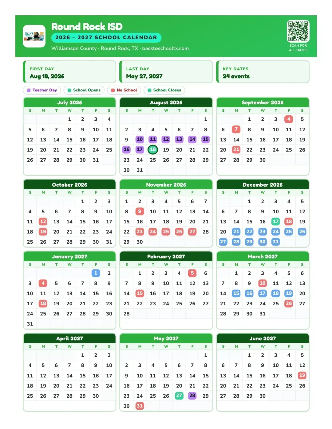 Round Rock ISD Calendar for the Year 26-27
