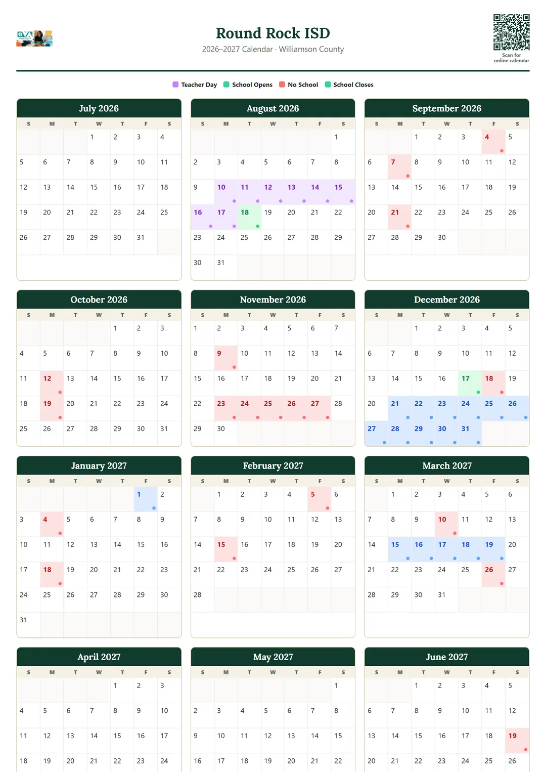 Round Rock ISD printable 2026–2027 calendar