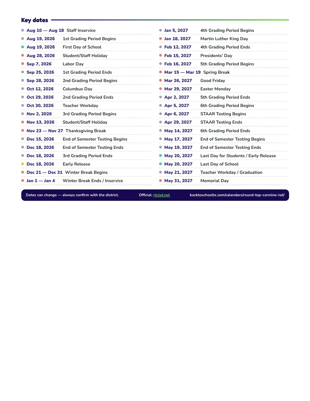 Round Top-carmine ISD Calendar for the Year 26-27 — key dates