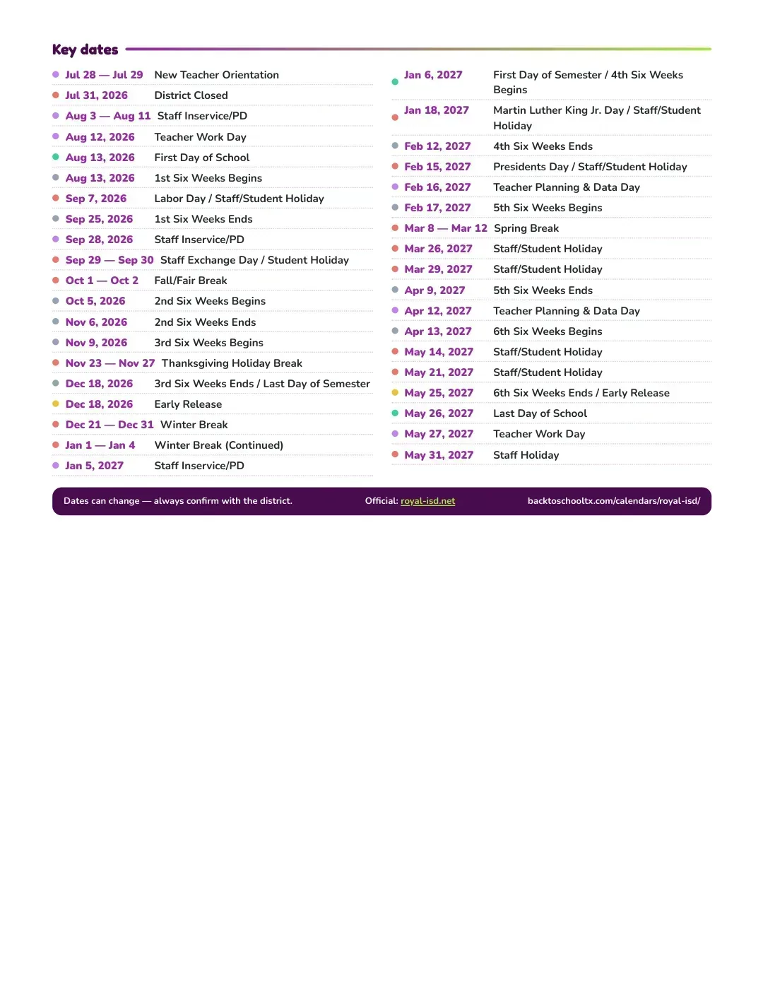 Royal ISD Calendar for the Year 26-27 — key dates