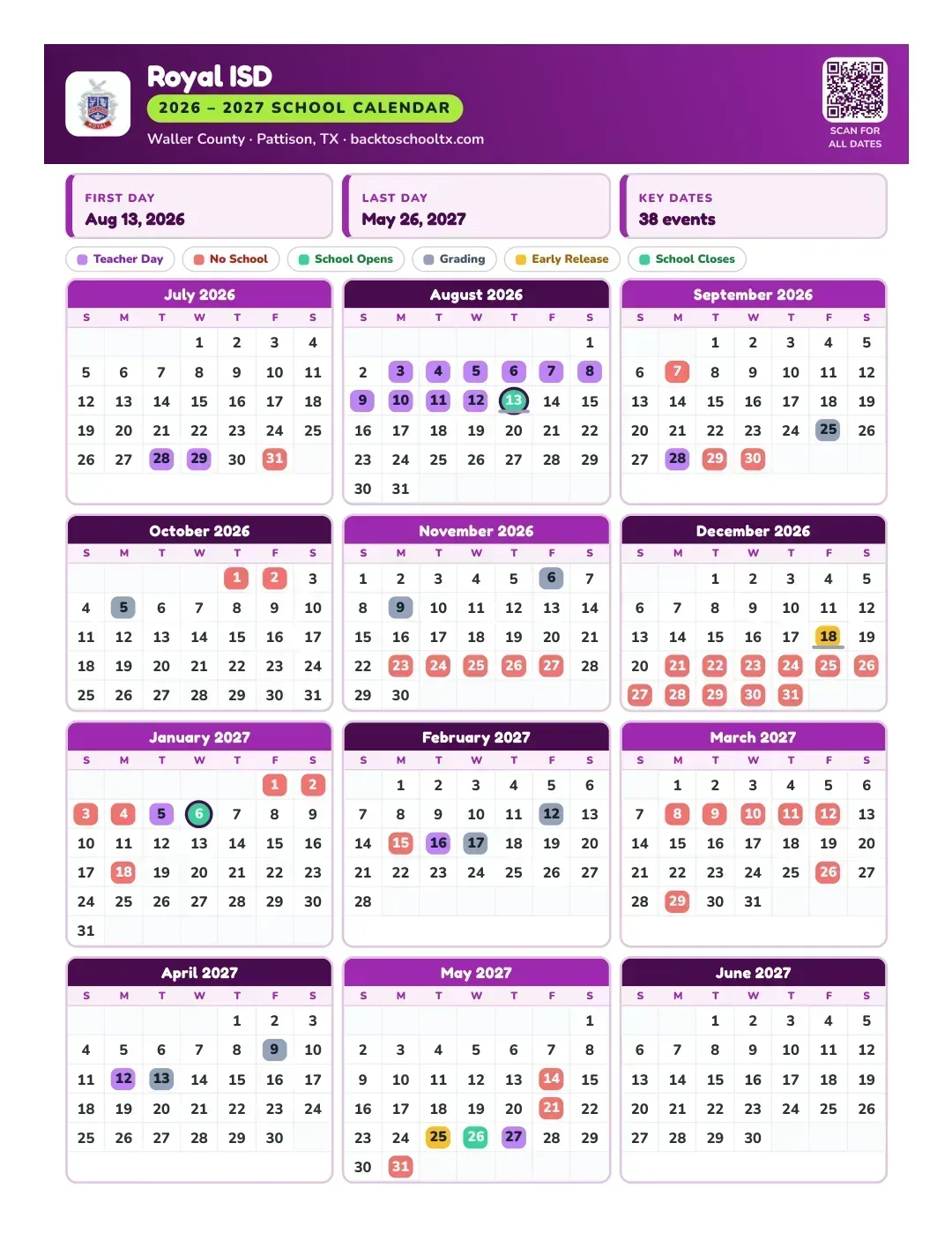 Royal ISD Calendar for the Year 26-27