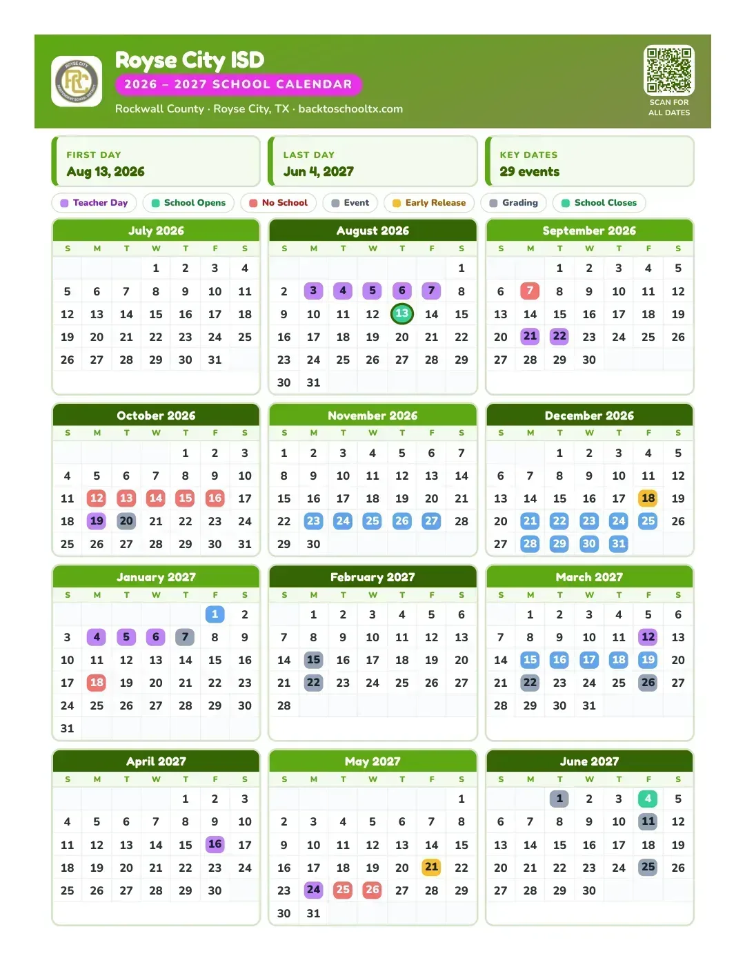 Royse City ISD Calendar for the Year 26-27