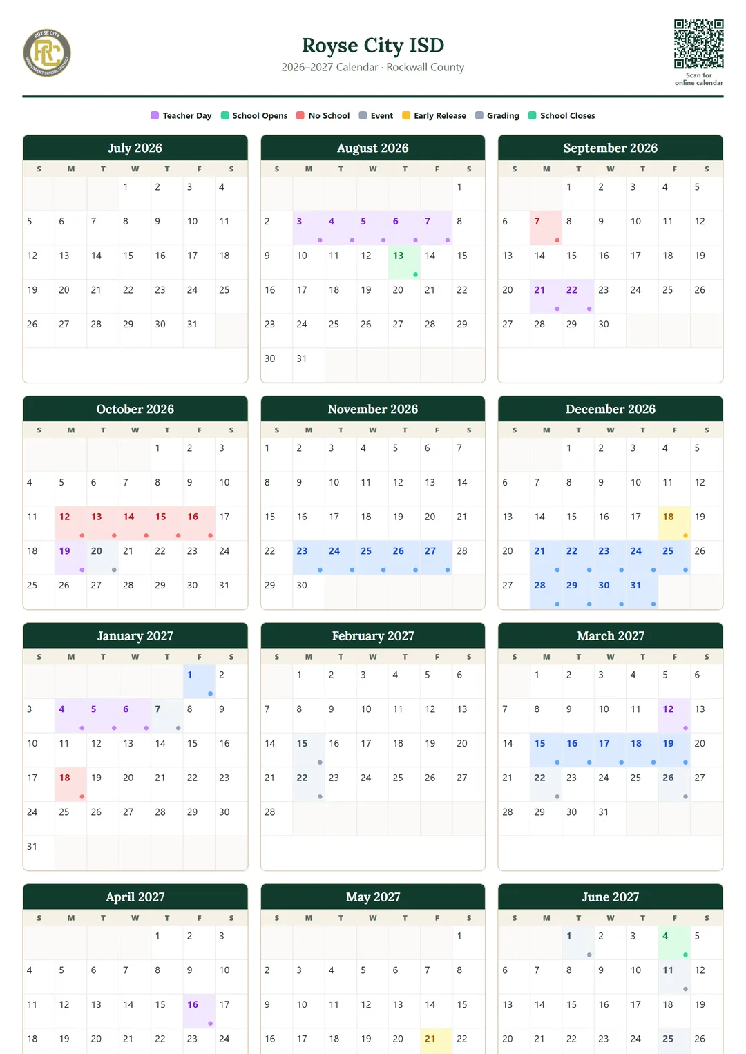 Royse City ISD printable 2026–2027 calendar