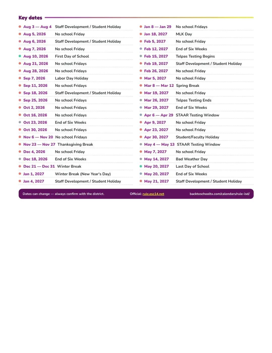 Rule ISD Calendar for the Year 26-27 — key dates