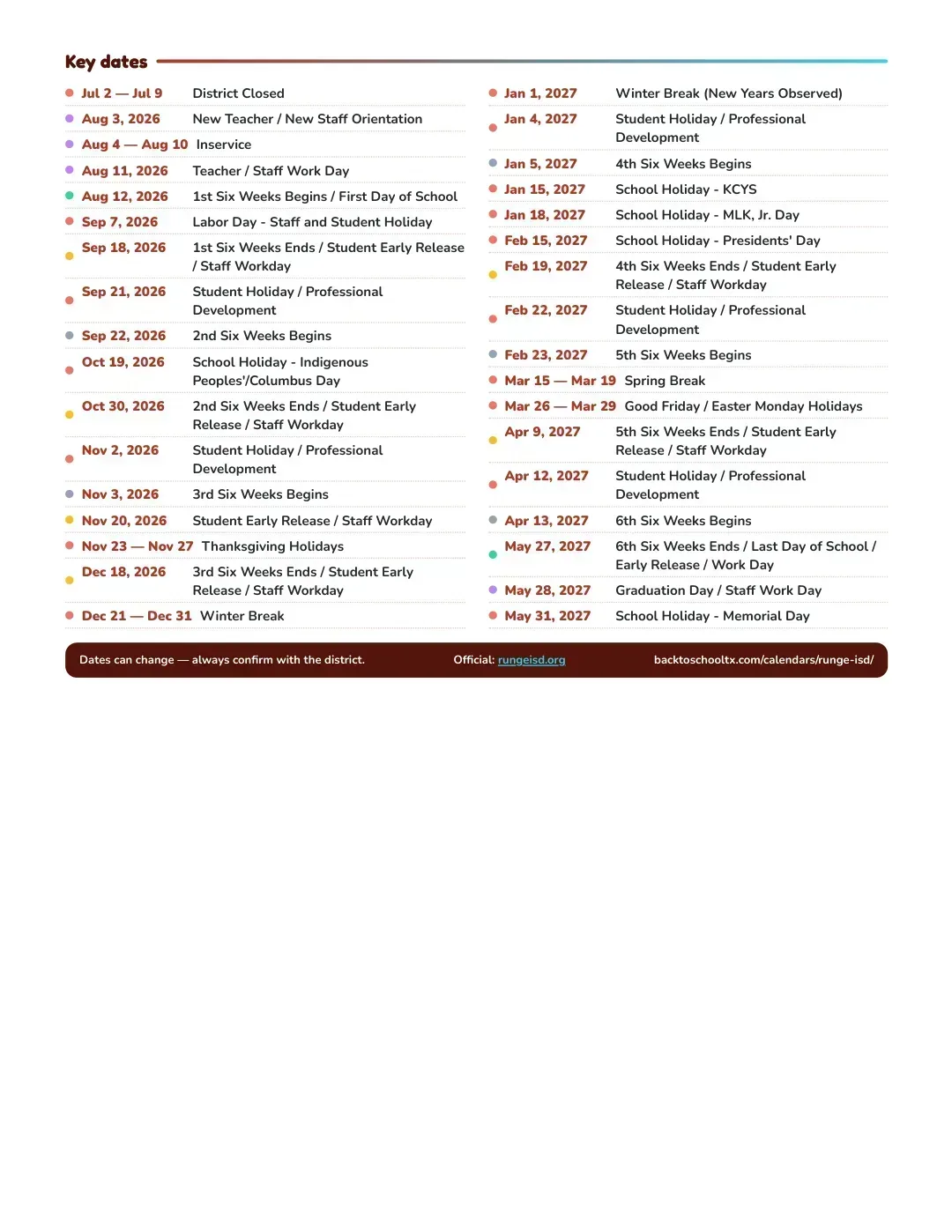 Runge ISD Calendar for the Year 26-27 — key dates