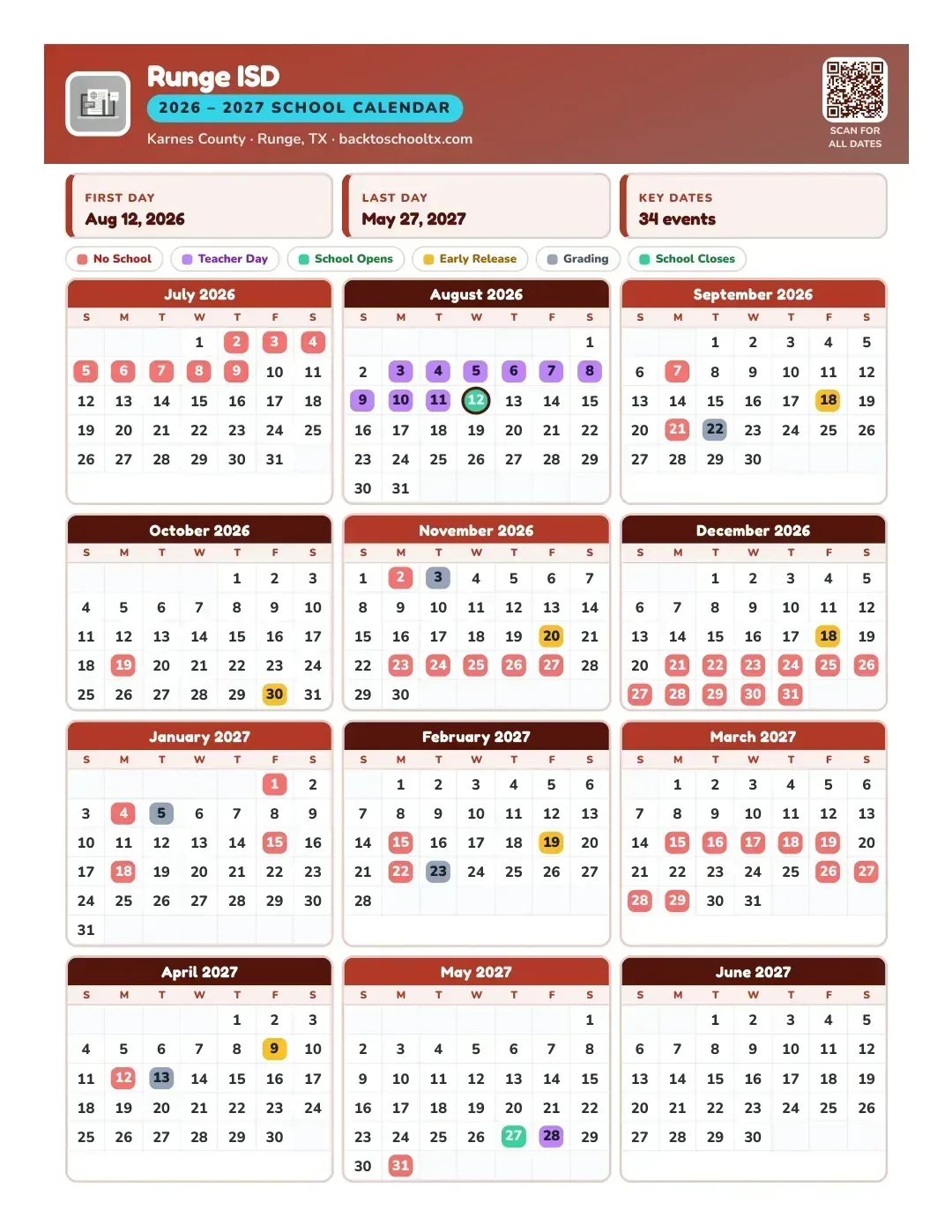 Runge ISD Calendar for the Year 26-27