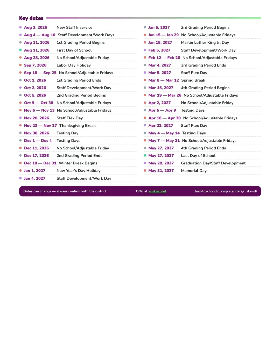 Rusk ISD Calendar for the Year 26-27 — key dates