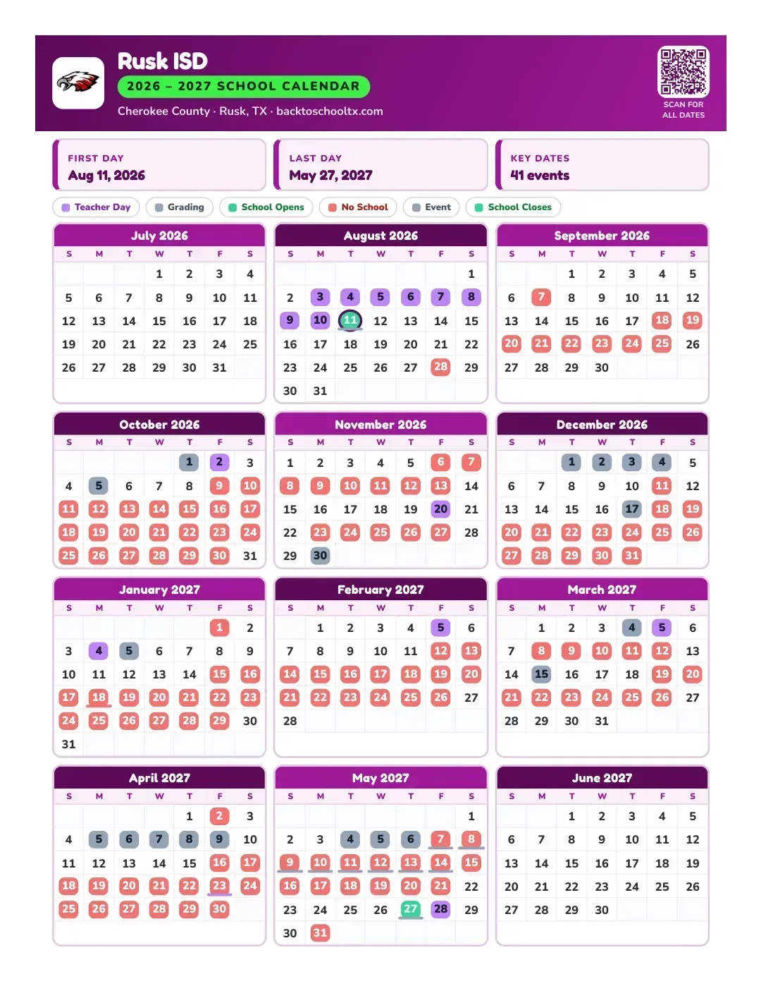 Rusk ISD Calendar for the Year 26-27