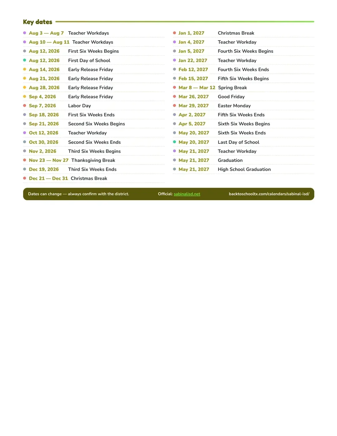 Sabinal ISD Calendar for the Year 26-27 — key dates