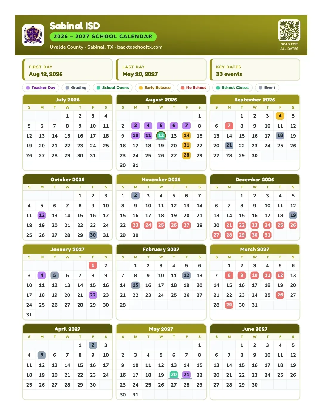Sabinal ISD Calendar for the Year 26-27