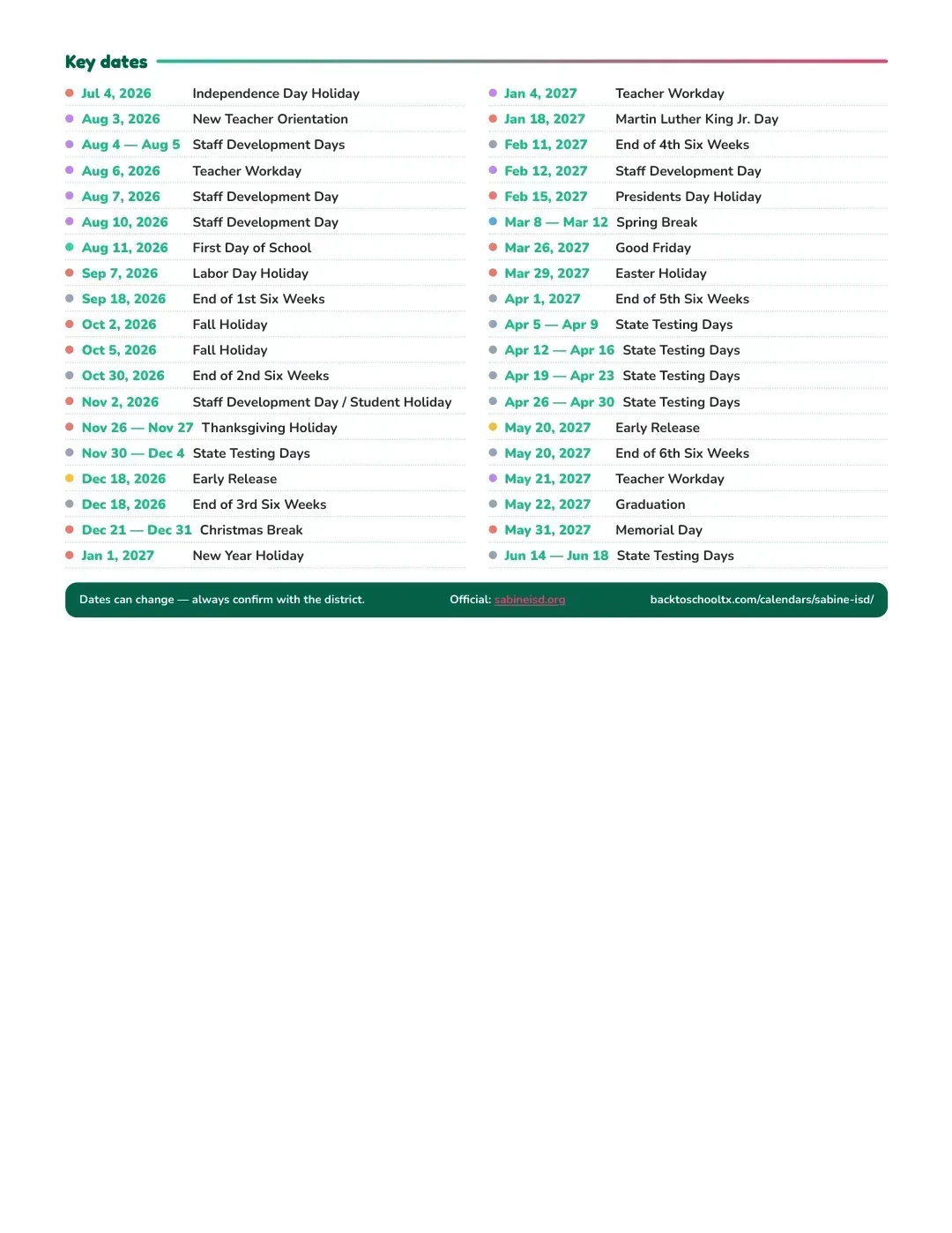 Sabine ISD Calendar for the Year 26-27 — key dates