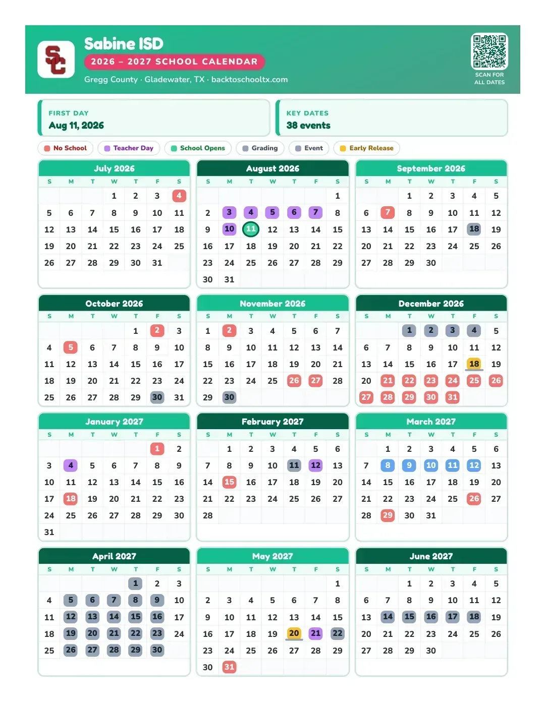 Sabine ISD Calendar for the Year 26-27