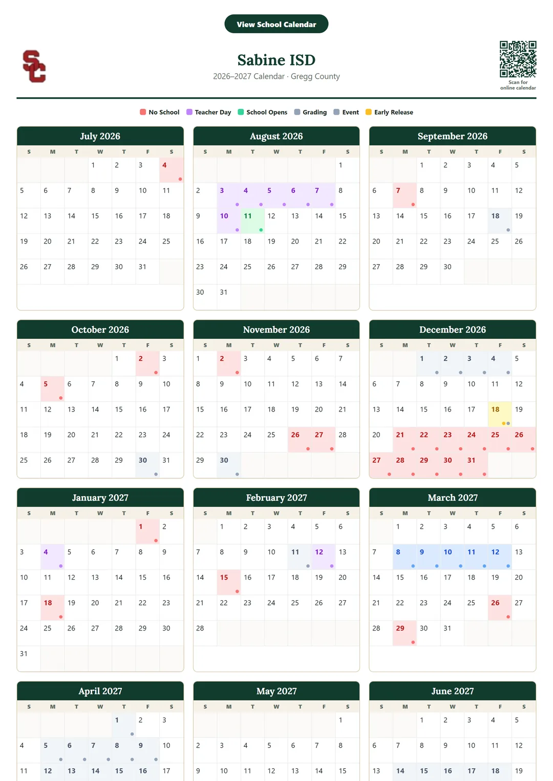 Sabine ISD printable 2026–2027 calendar