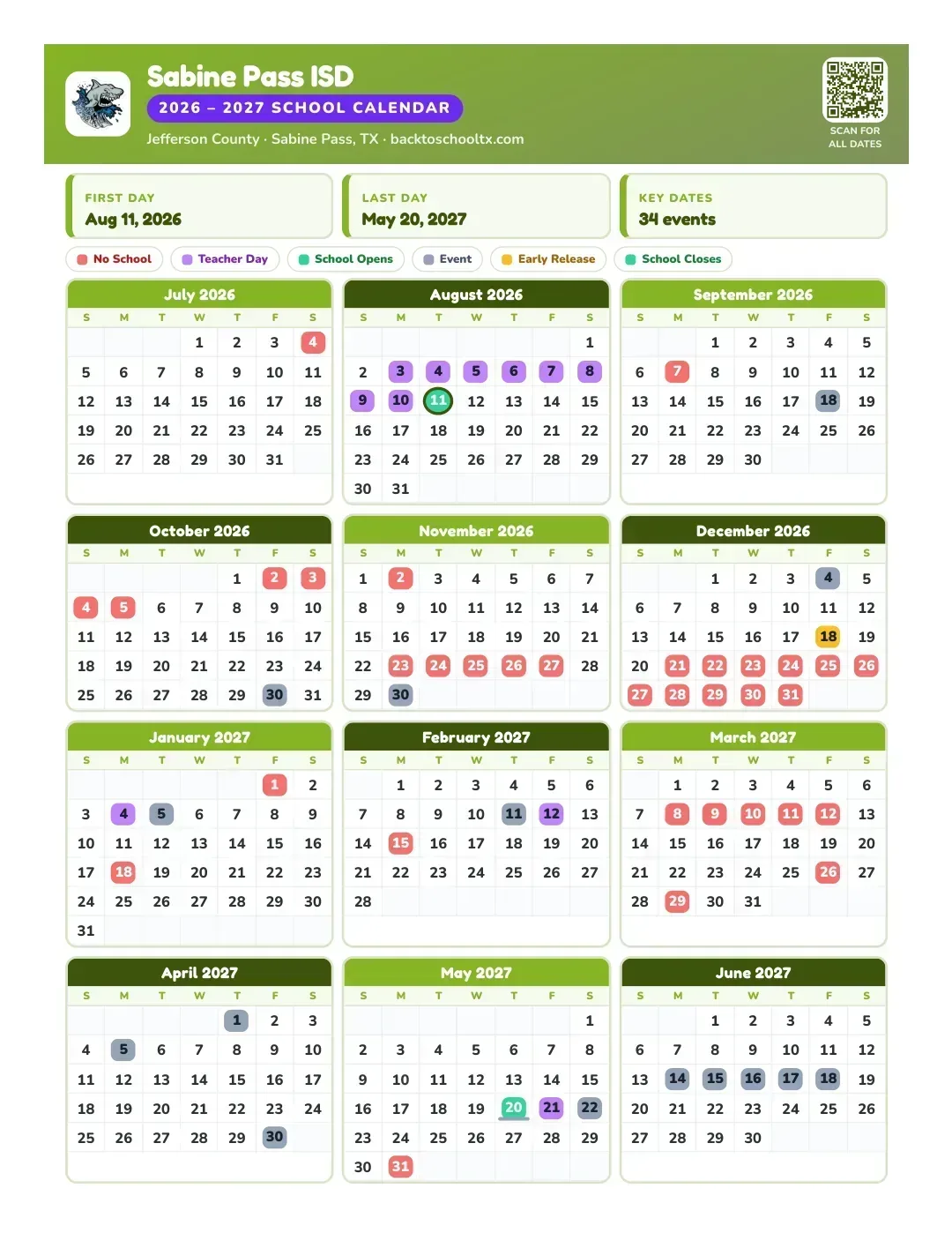 Sabine Pass ISD Calendar for the Year 26-27