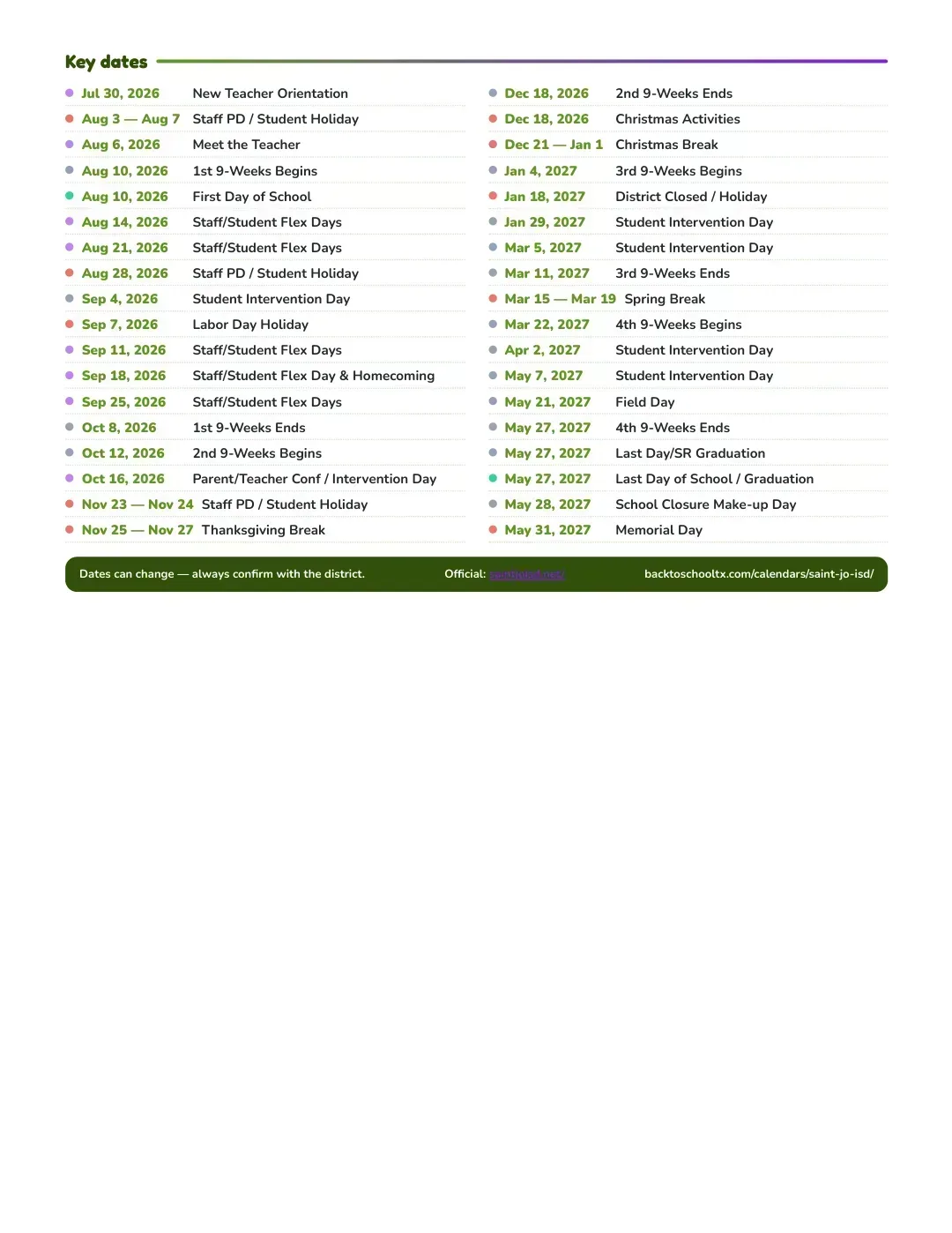 Saint Jo ISD Calendar for the Year 26-27 — key dates