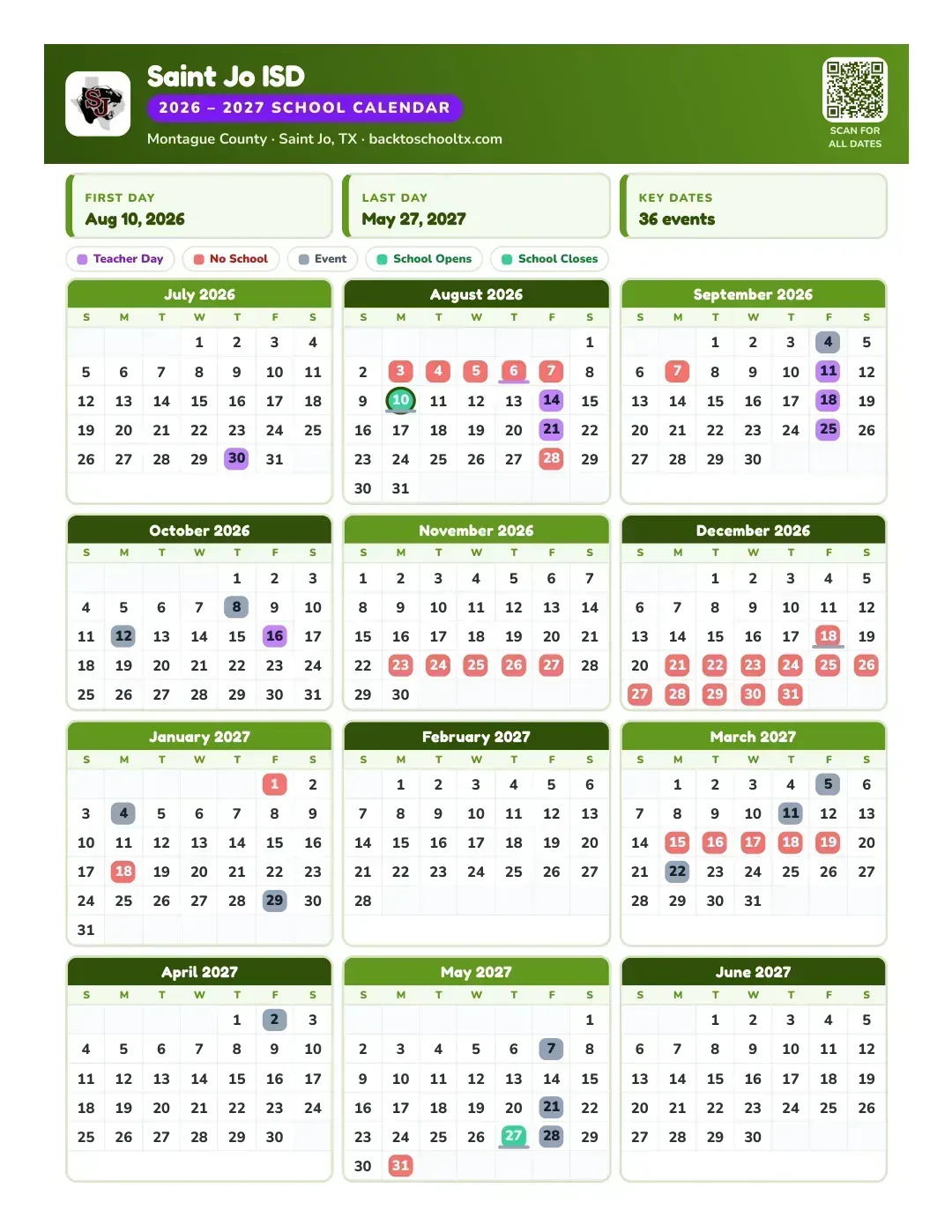 Saint Jo ISD Calendar for the Year 26-27