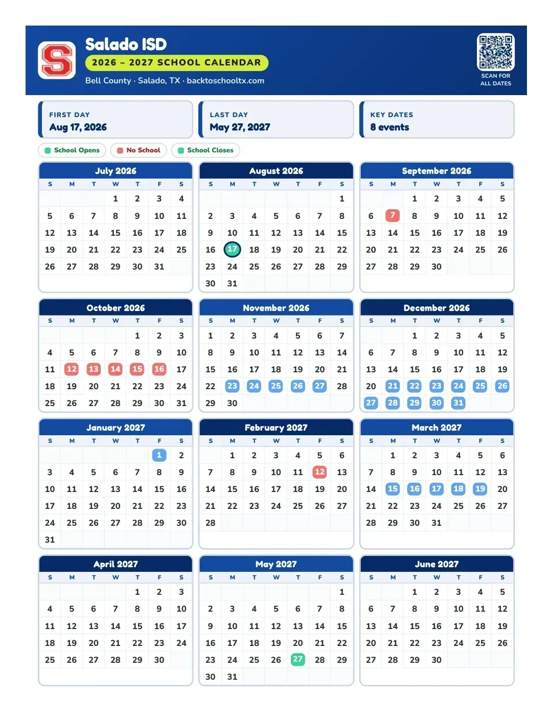 Salado ISD Calendar for the Year 26-27