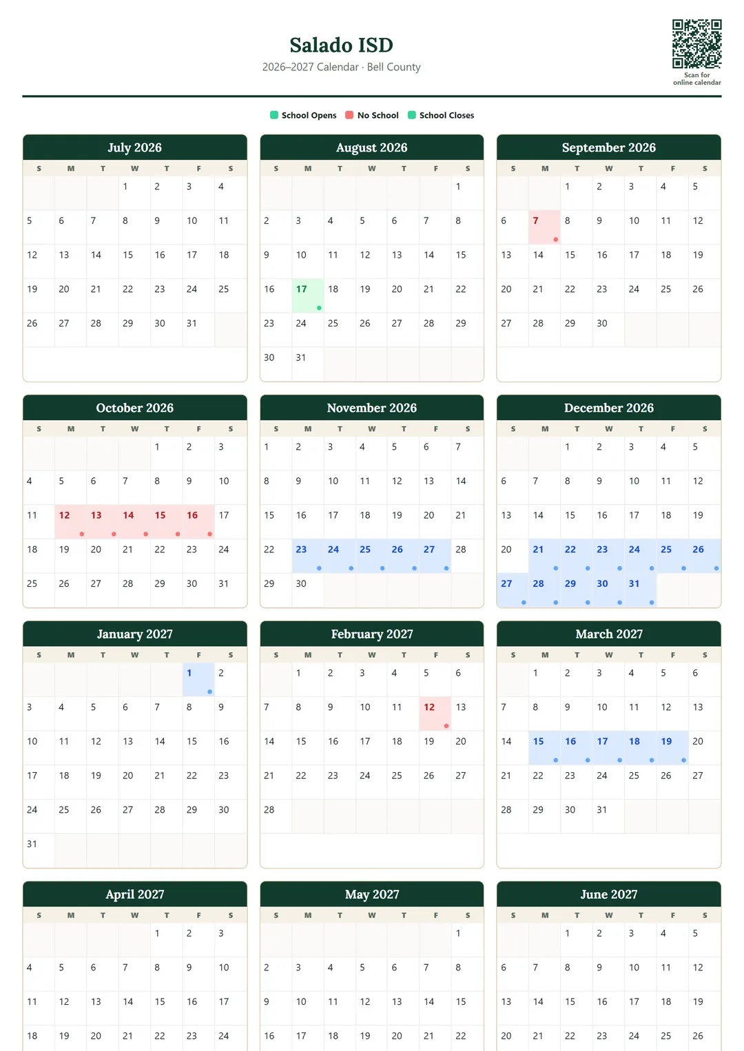 Salado ISD printable 2026–2027 calendar