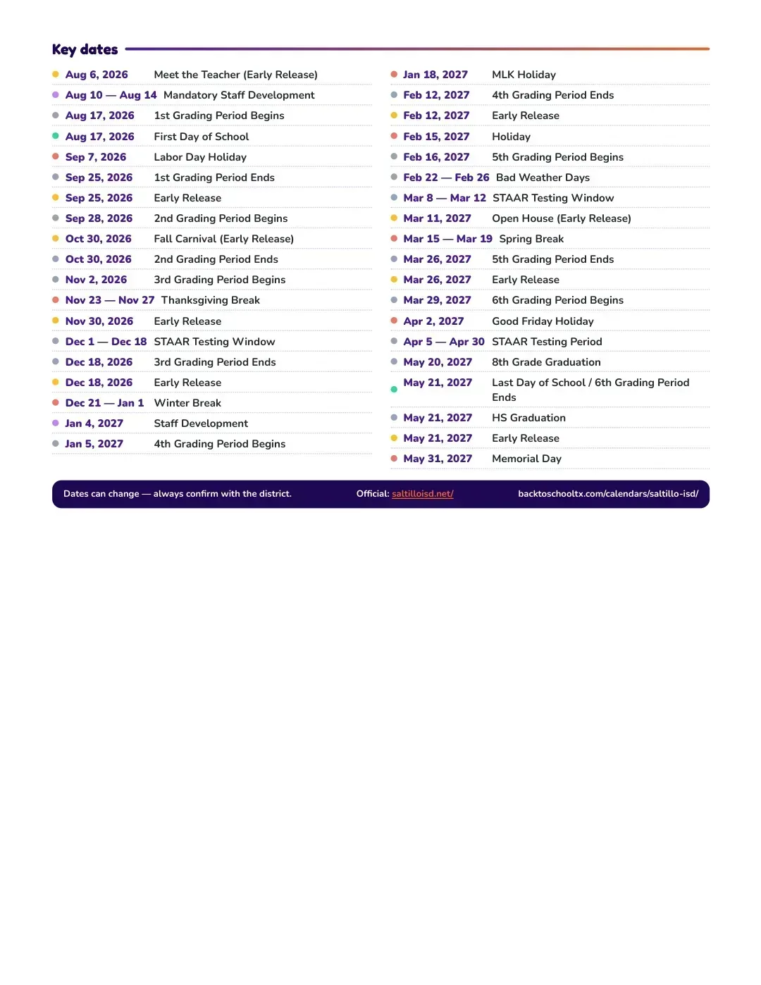Saltillo ISD Calendar for the Year 26-27 — key dates