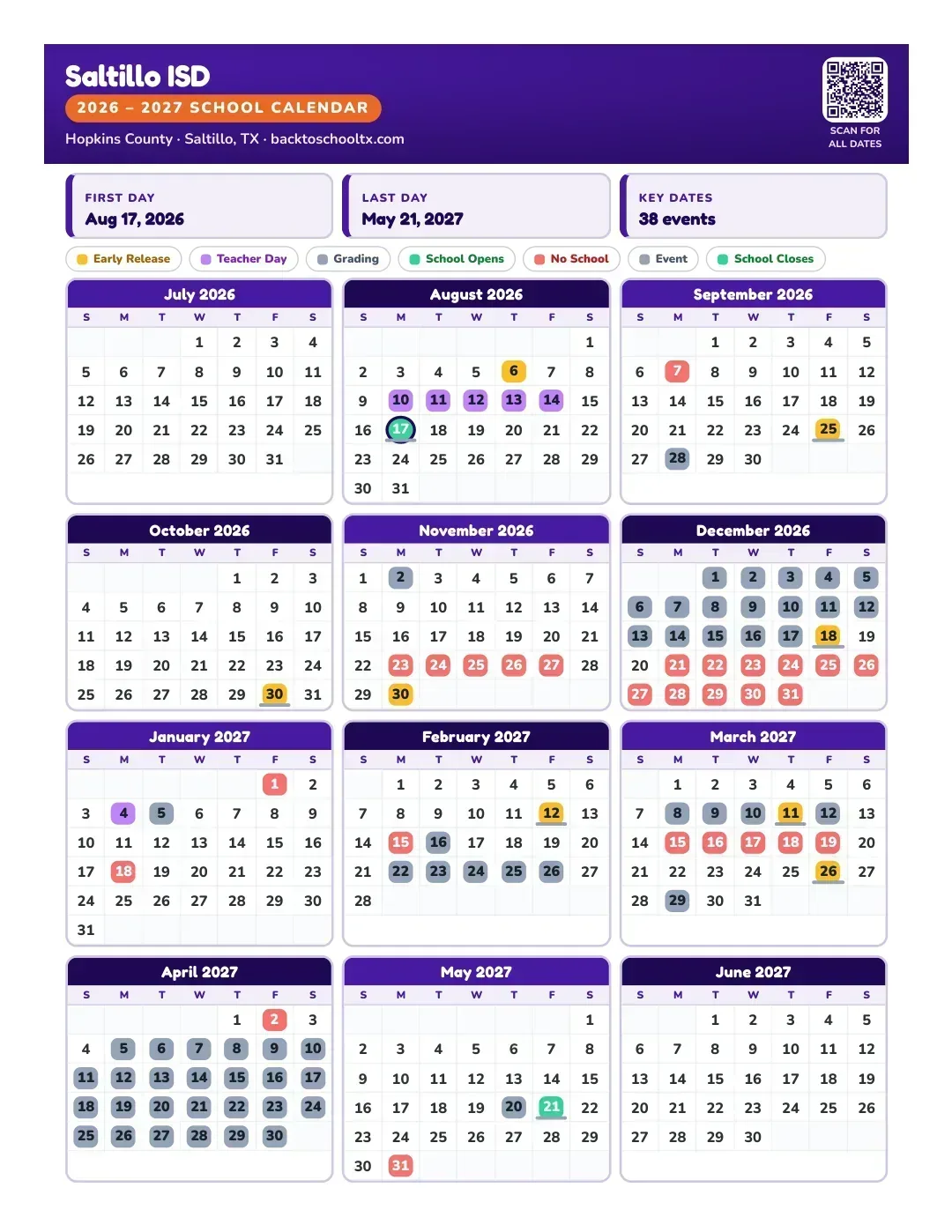 Saltillo ISD Calendar for the Year 26-27