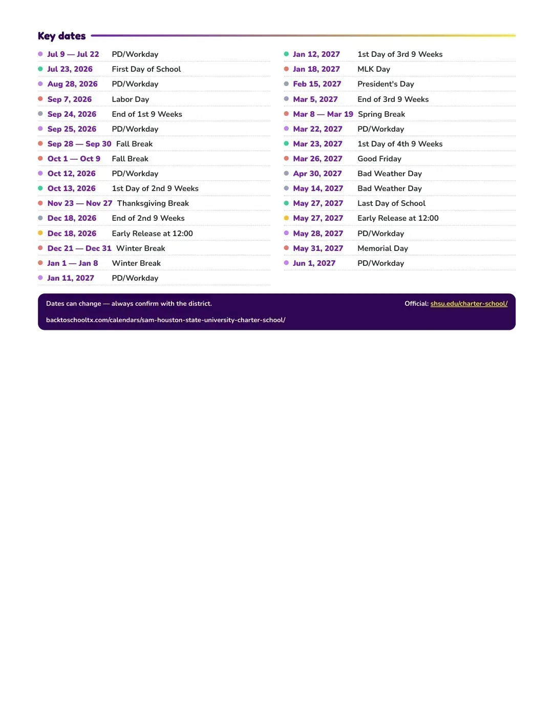 Sam Houston State University Charter School Calendar for the Year 26-27 — key dates