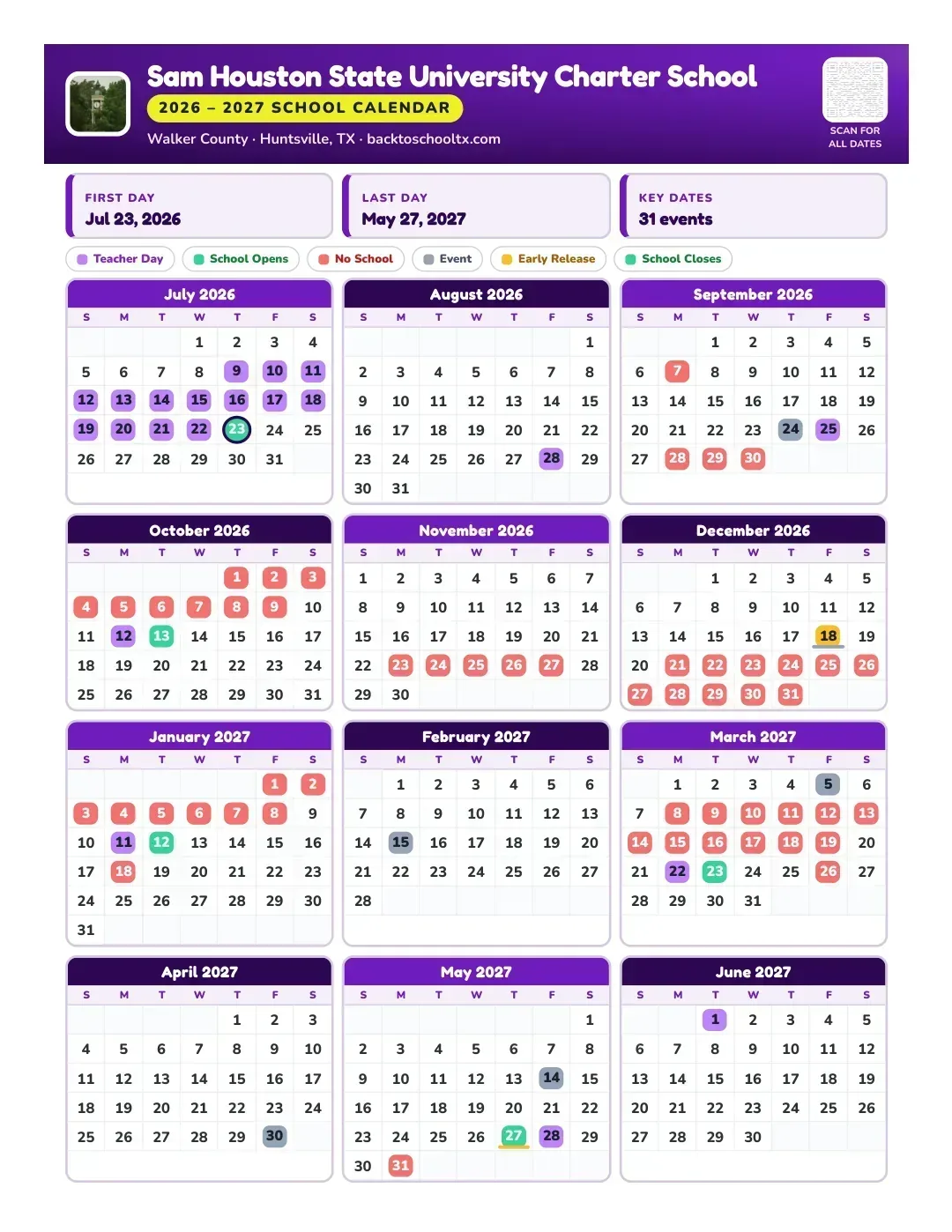 Sam Houston State University Charter School Calendar for the Year 26-27