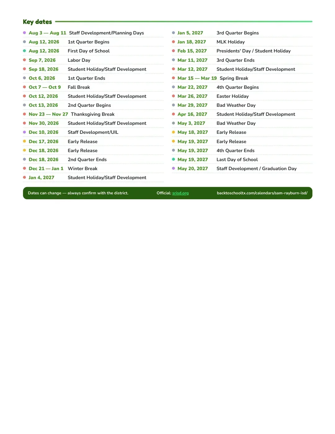 Sam Rayburn ISD Calendar for the Year 26-27 — key dates