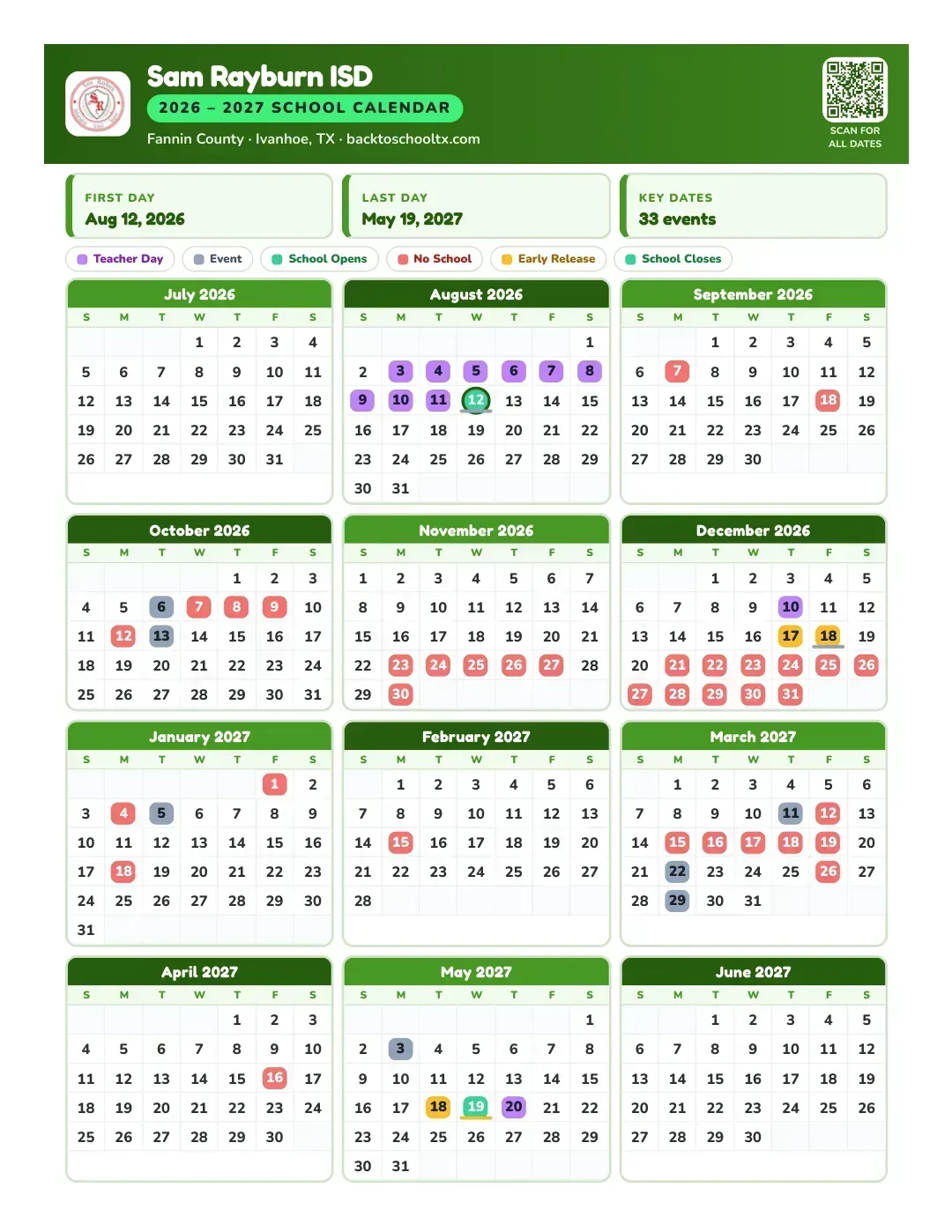 Sam Rayburn ISD Calendar for the Year 26-27