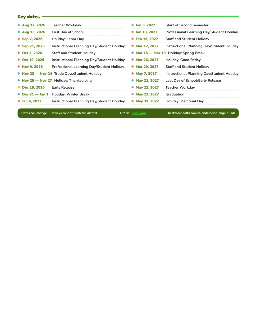 San Angelo ISD Calendar for the Year 26-27 — key dates