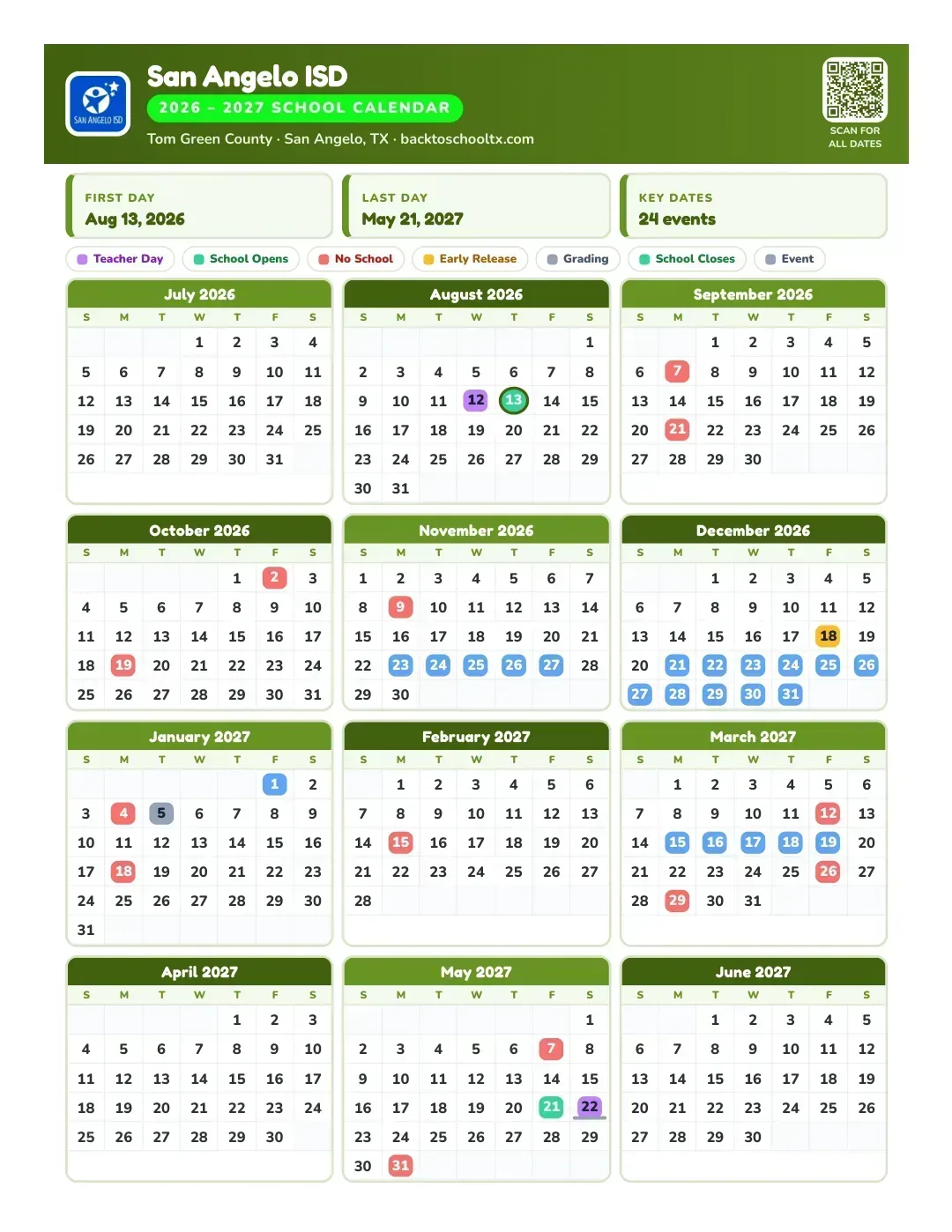 San Angelo ISD Calendar for the Year 26-27