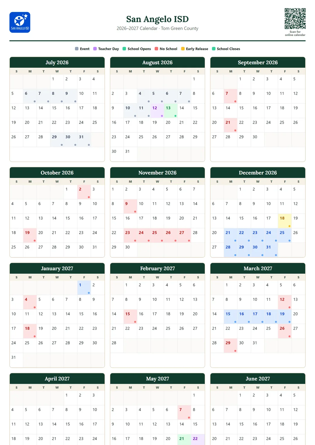 San Angelo ISD printable 2026–2027 calendar