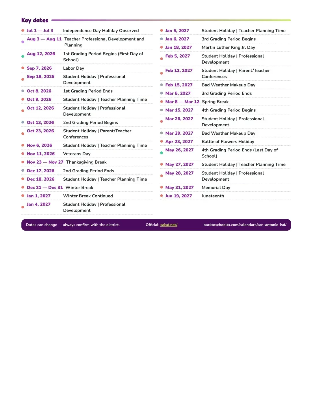 San Antonio ISD Calendar for the Year 26-27 — key dates