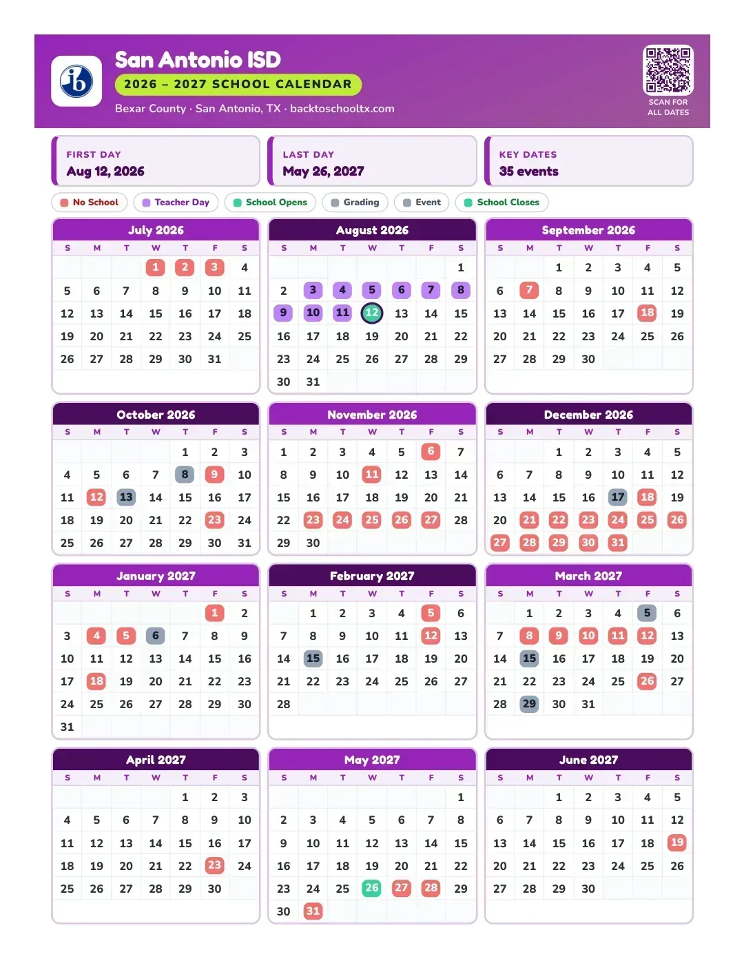 San Antonio ISD Calendar for the Year 26-27