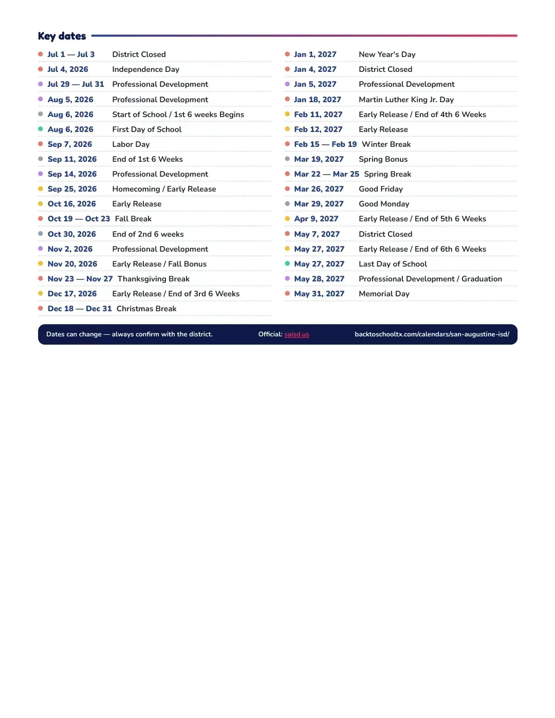 San Augustine ISD Calendar for the Year 26-27 — key dates